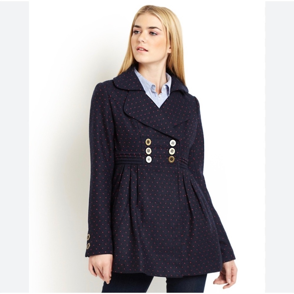Anthropologie Tulle Retro Polka Dot Pea Coat Womens Small Navy Wool Blend Indie